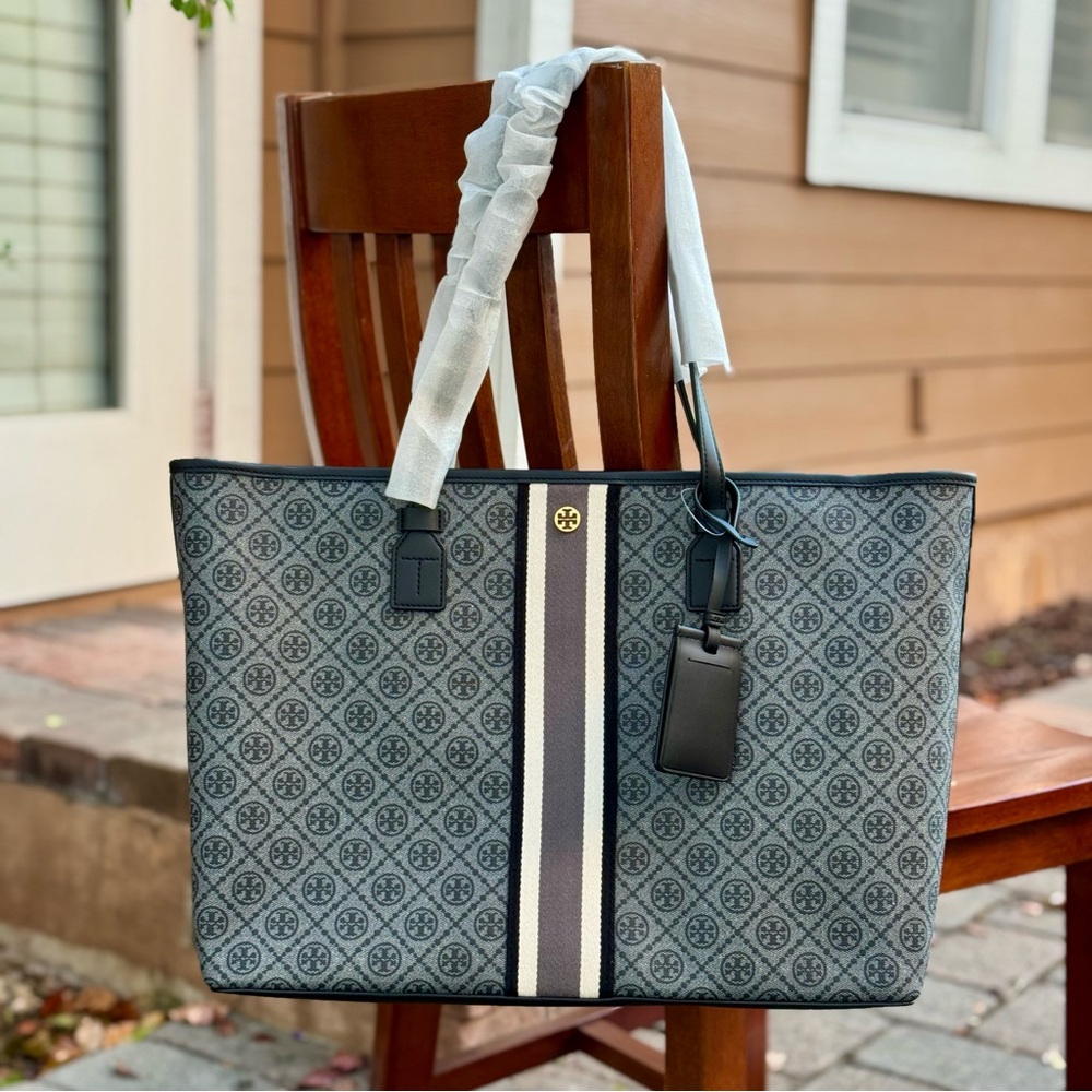 Tory Burch Canvas Tote Bag Gray Monogram Stripe Large Carryall NWT
